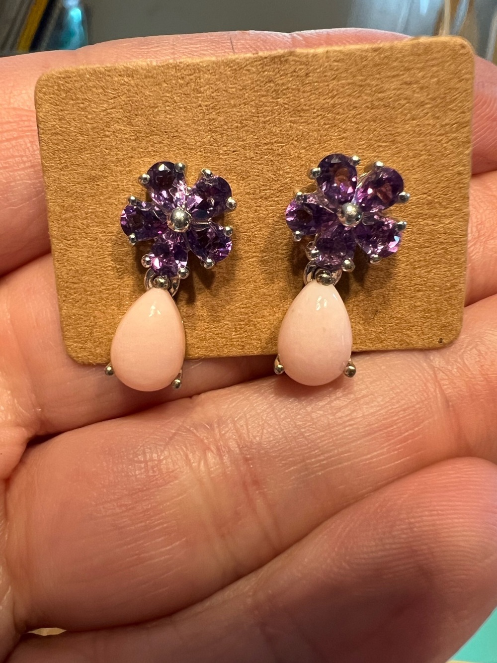 Floral Amethyst and Pink Opal Teardrop Drop Earrings